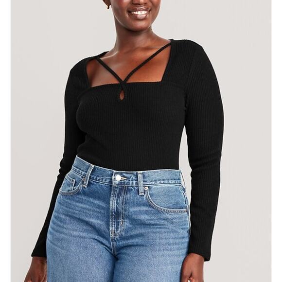 Old Navy Fitted Long-Sleeve Strappy Keyhole Top NEW Large Black Ribbed 745101 - Picture 1 of 9